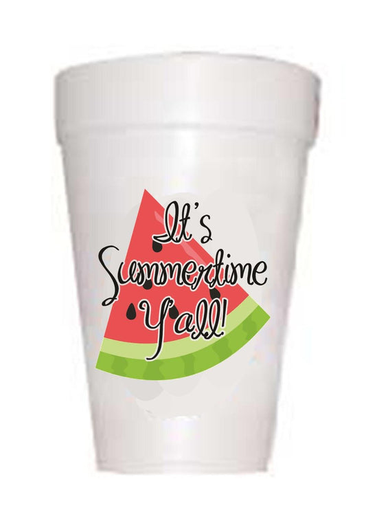watermelon on styrofoam cup with text It's summertime y'all!