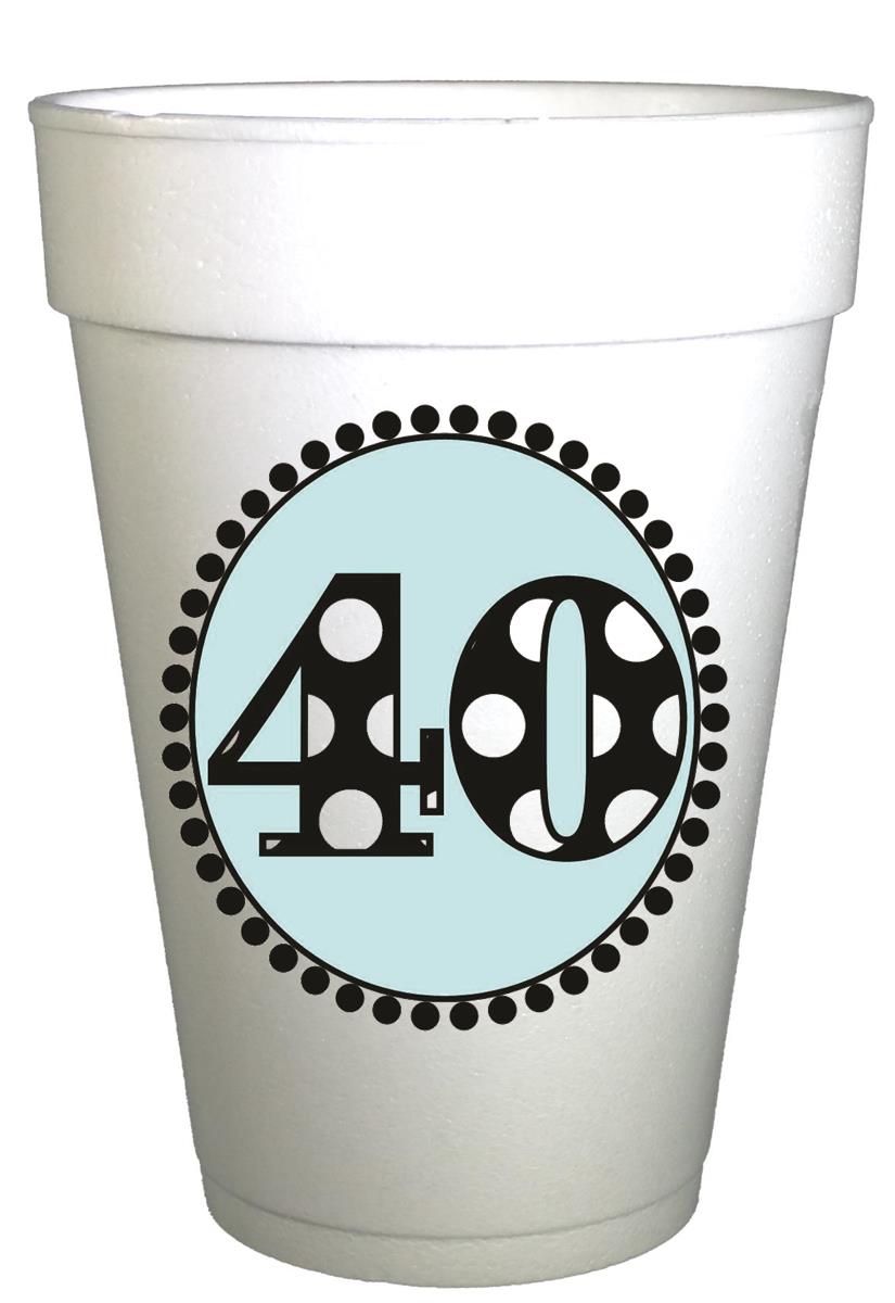 styrofoam cup with blue circle and black and white polka dot number 40