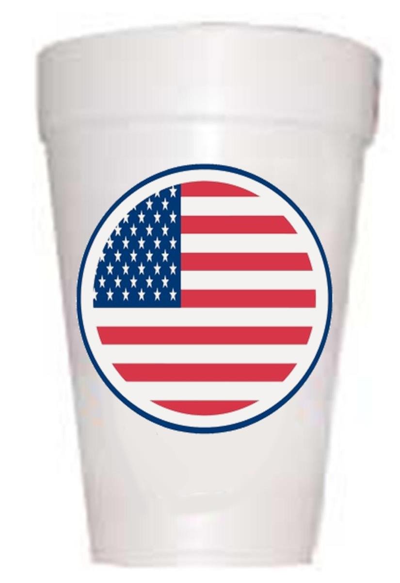 red white and blue circular flag on styrofoam cup