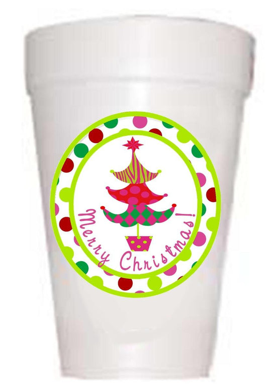 Merry Christmas Tree Pink Holiday Styrofoam Cups