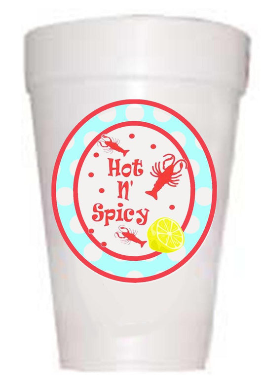 styrofoam cup with hot and spicy and crawfish 