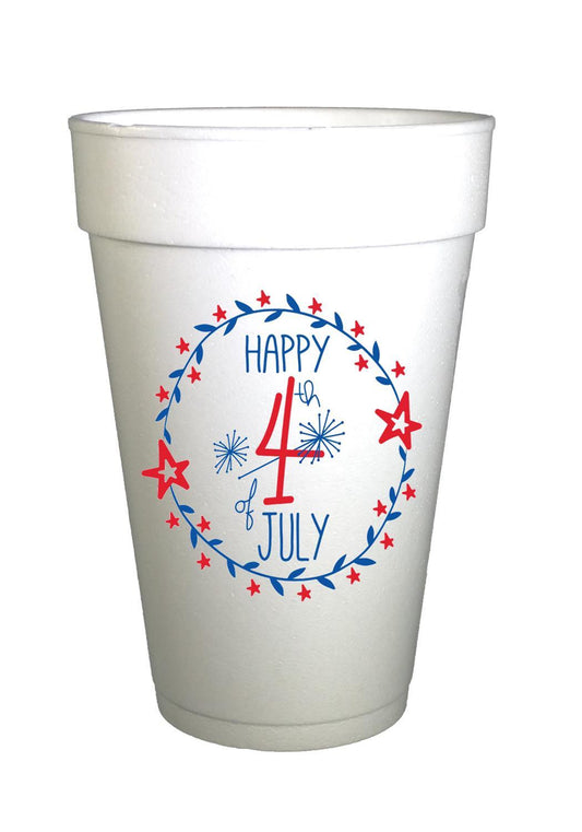styrofoam cup with red and blue happy 4th of july