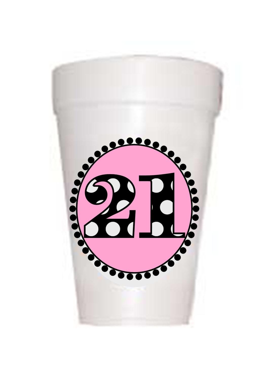21st Birthday Styrofoam Cups in Pink with black polka dot 21