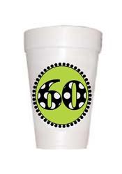 60th Birthday Party Cups in lime with black polka dots