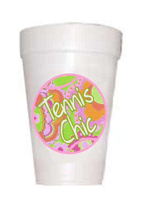 paisley tennis ball with tennis chic written on ball on styrofoam cup