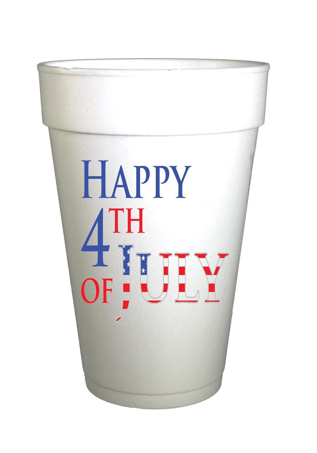 styrofoam cups with red, white and blue happy 4th of july