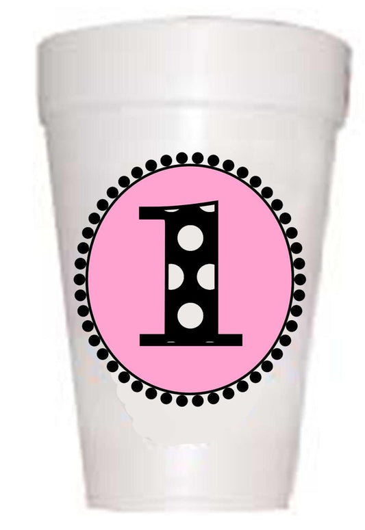 first birthday party cups in pink with black polka dot #1