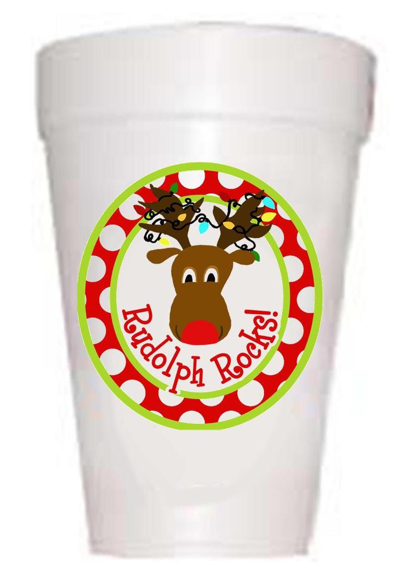 Rudolph Rocks Childrens Christmas Holiday Styrofoam Cups-10ea/16oz Styrofoam Christmas Party Cups