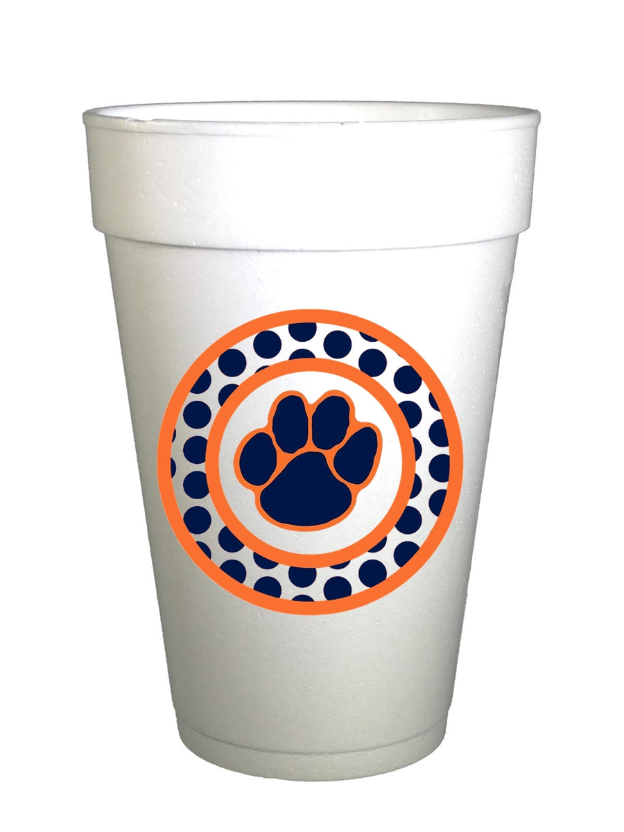 Auburn Paw Tailgating Styrofoam Cups-Blue and Orange Paw Print Cups-Auburn Tailgating Cups